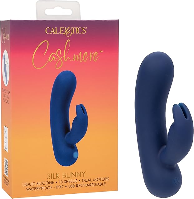 CalExotics Cashmere Silk Bunny, Waterproof Liquid Silicone Rechargeable 10-Speed Rabbit Vibrator G-Spot Curve and Flickering Bunny Ears Blue SE-4364-23-3