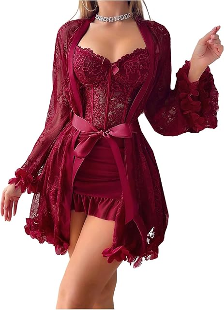 Women's Sexy Lingerie Lace Underwire Ruffle Chemise Sleepwear with Applique Robe Set