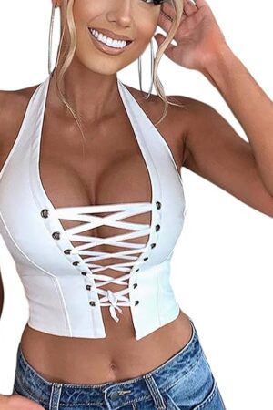 Women Rave PU Leather Hollow Out Crop Top Sexy Lace Up Halter Camisole Tank Tops for Party Festival
