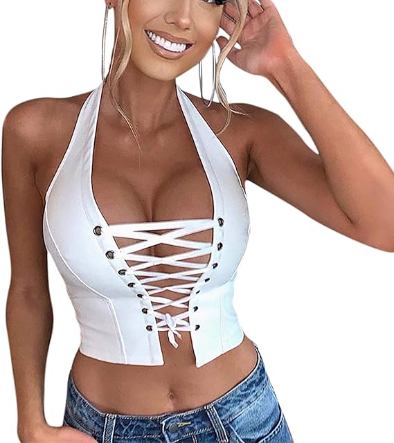 Women Rave PU Leather Hollow Out Crop Top Sexy Lace Up Halter Camisole Tank Tops for Party Festival