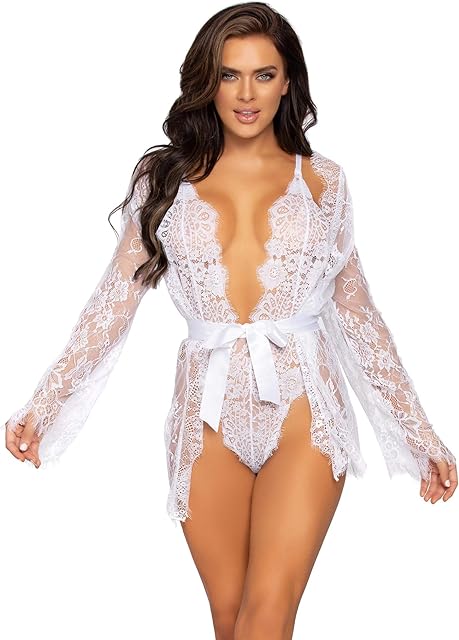 Women's 3 PC Love Affair Lace Robe and Teddy Set Sexy Lace Lingerie For Women, White, Large