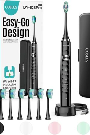 COSLUS Sonic Electric Toothbrush for Adults: 47000 VPM for Deep Cleaning & Whitening with Travel Case - 5 Modes for Sensitive Teeth & Braces, Wireless Charging, 6 Brush Heads for Home Family, Black