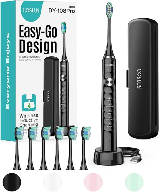 COSLUS Sonic Electric Toothbrush for Adults: 47000 VPM for Deep Cleaning & Whitening with Travel Case - 5 Modes for Sensitive Teeth & Braces, Wireless Charging, 6 Brush Heads for Home Family, Black