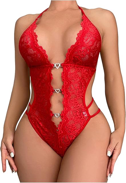 Deep V Halterneck Lingerie for Women Floral Lace Mesh Teddy Bodysuit Adjustable Strappy Sexy Backless Lingerie