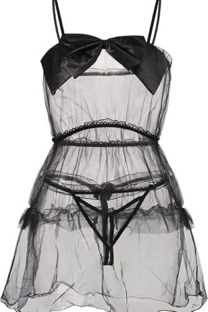 Women Sheer Sexy Nightgown, See Through Mesh Spaghetti Strap Tiered Summer Dress with Bow for Valentines, Bridal Lingerie