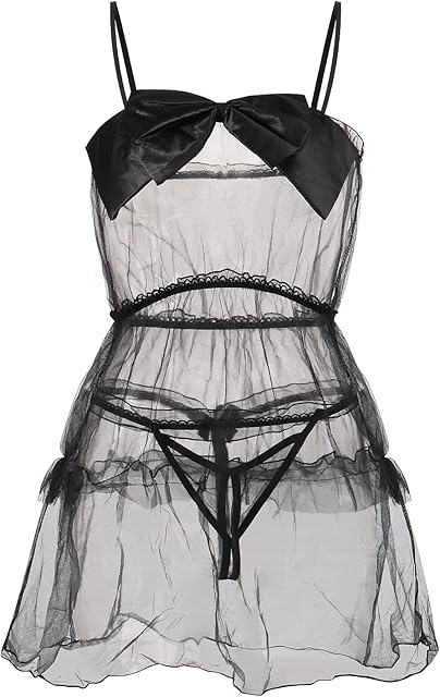 Women Sheer Sexy Nightgown, See Through Mesh Spaghetti Strap Tiered Summer Dress with Bow for Valentines, Bridal Lingerie