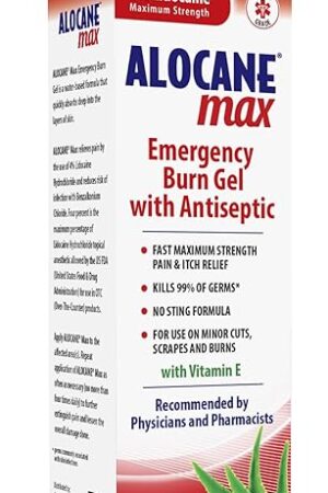 Alocane Max Emergency Burn Gel, 4% Lidocaine Hydrochloride, Antiseptic Kills 99% of Germs, Maximum Strength Pain and Itch Relief, for Sunburns, First Aid Burn Gel with Aloe Vera? 25 fl oz