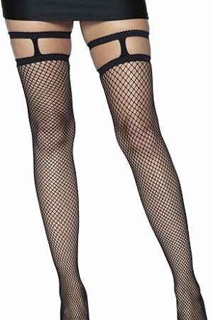 Womens Fishnet Thigh Highs With Garter Top, Black, O/S