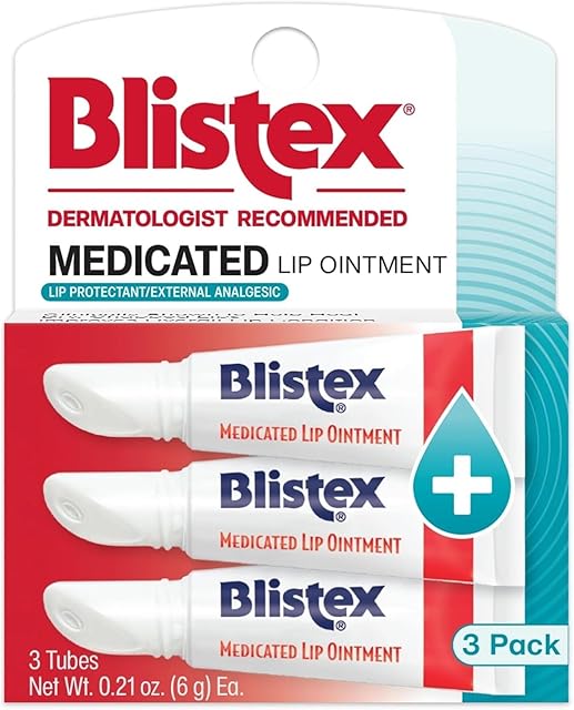 Blistex Medicated Lip Ointment, 021 Ounce Tube, Relieves Cold Sores & Helps Heal Dry Chapped Lips, Pain Relief from Lip Sores & Blisters, Healing Ointment, 3 Count(1 Pack)