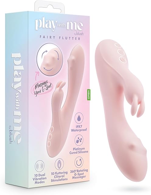 Blush Novelties Play with Me - Fairy Flutter 7.75 Inch G Spot Clitoral Vibrator - 10 Vibration Modes - 360? Rotating G-Spot Massager - Platinum Cured Silicone - IPX7 Waterproof - Adult Sex Toy - Pink
