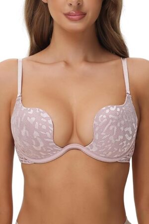 Women's Push Up Bra Deep V Plunge Sexy Cleavage Low Cut Back Underwire Bras Leopard Lace Convertible Multiway