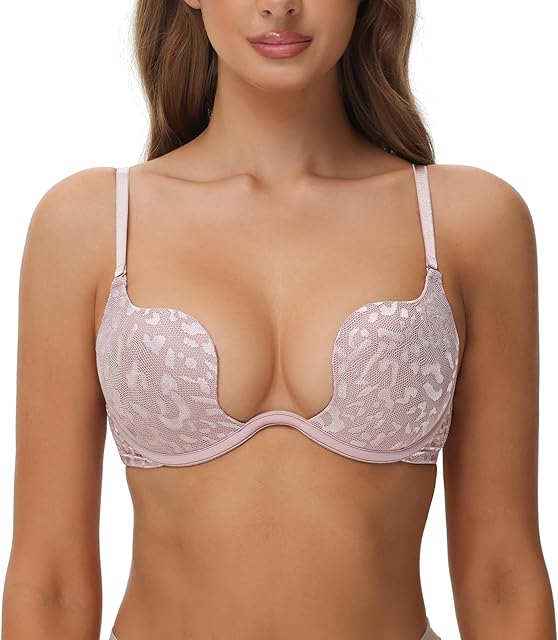 Women's Push Up Bra Deep V Plunge Sexy Cleavage Low Cut Back Underwire Bras Leopard Lace Convertible Multiway