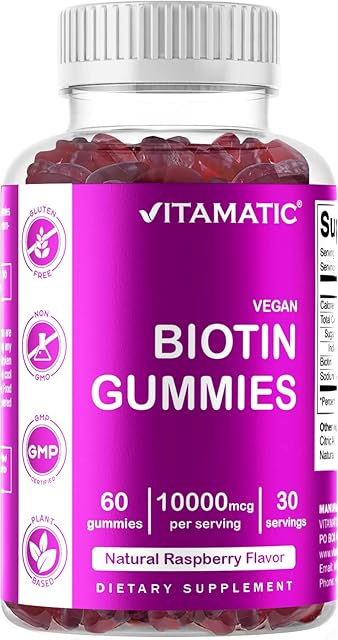 Vitamatic Biotin Gummies 10,000 mcg for Stronger Hair, Skin & Nails - 60 Vegan Gummies - Also Called Vitamin B7 (1 Bottle)