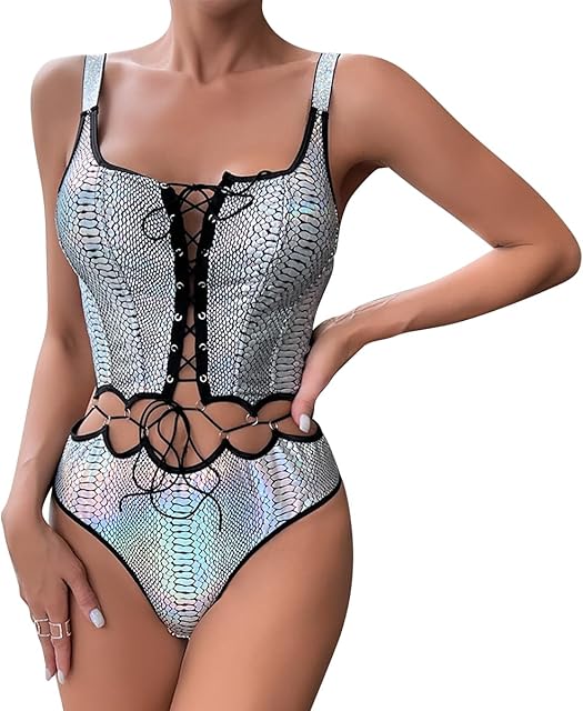 Women Sexy Lingerie Set Lace-up Bustier Bat Hem Crop Top with Cheeky Panties Two Piece Teddy Bodysuit Rave Outfits