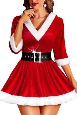 Christmas Lingerie for Women Sexy Santa Babydoll Chemise Mrs Claus Costume with Belt
