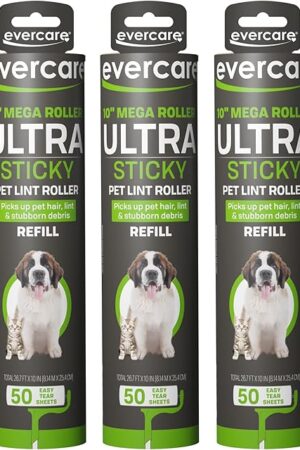 Evercare Pet Mega All-Purpose Oversized Lint Roller Refill Rolls, Pack of 3 Giant Lint Roller Refills with 50 Sheets Each (150 Sheets Total)