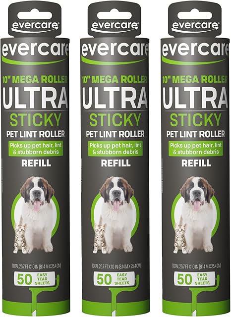 Evercare Pet Mega All-Purpose Oversized Lint Roller Refill Rolls, Pack of 3 Giant Lint Roller Refills with 50 Sheets Each (150 Sheets Total)