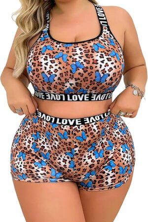 Women's Plus Size Leopard Print Tummy Control Lingerie Set Wireless Bra and Panty 2 Piece Cheetah Underwear