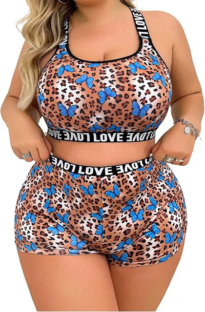 Women's Plus Size Leopard Print Tummy Control Lingerie Set Wireless Bra and Panty 2 Piece Cheetah Underwear