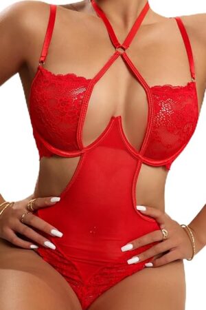 Women Sexy Red Lingerie One Piece Lace Cut Out Lingerie Bodysuit Crotch Teddy Underwear