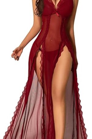 Women Lingerie Lace Babydoll Chemise Nightwear Sexy Mesh Nightdress Side Split Nightgown
