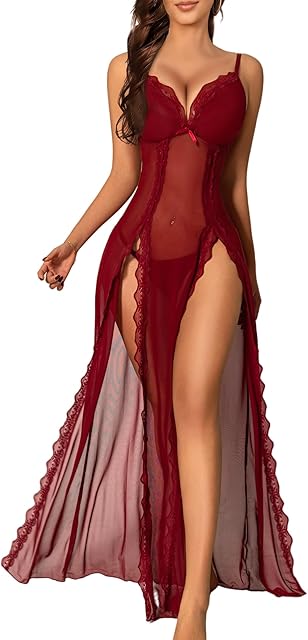 Women Lingerie Lace Babydoll Chemise Nightwear Sexy Mesh Nightdress Side Split Nightgown