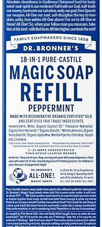 Dr Bronner's Pure-Castile Liquid Magic Soap Refill - Made with Regenerative Organic Certified Oils, 82% Less Plastic - 18-in-1 Uses for Face, Body Wash, Hand Soap Refill & More - Peppermint, 32oz