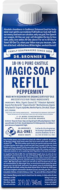Dr Bronner's Pure-Castile Liquid Magic Soap Refill - Made with Regenerative Organic Certified Oils, 82% Less Plastic - 18-in-1 Uses for Face, Body Wash, Hand Soap Refill & More - Peppermint, 32oz