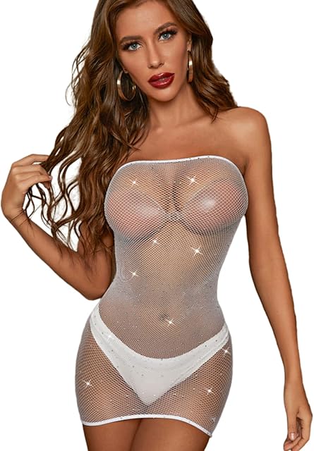 Women Sexy Crystal Rhinestone Jumpsuits Hollow-Out Chemise Mini-Dress Bodysuit