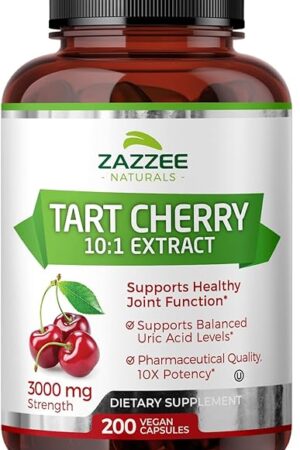 Zazzee Tart Cherry 10:1 Extract, 3000 mg Strength, 200 Vegan Capsules, 6+ Month Supply, Certified Kosher, Concentrated and Standardized 10X Extract, 100% Vegetarian, All-Natural, Gluten Free, Non-GMO