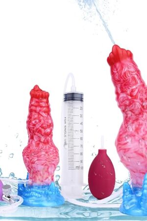 Inflatable Squirting Dildo Anal Plug Thick Big Dog Knot Dildo Animal Fake Penis Suction Cup Dildo Realistic Ejaculating Red Silicone Fantasy Dildo Anal Trainer Gay Sex Toy Men Women Couples 7'' (A)