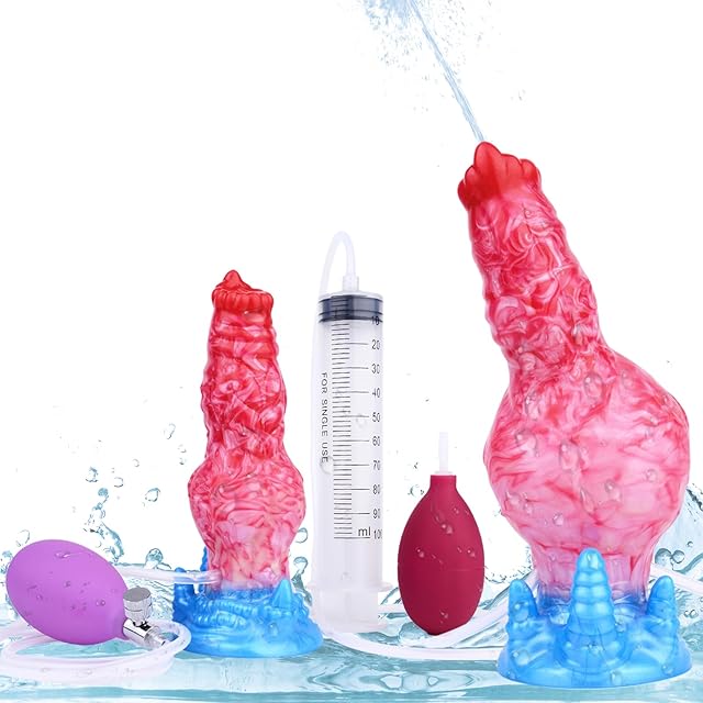 Inflatable Squirting Dildo Anal Plug Thick Big Dog Knot Dildo Animal Fake Penis Suction Cup Dildo Realistic Ejaculating Red Silicone Fantasy Dildo Anal Trainer Gay Sex Toy Men Women Couples 7'' (A)