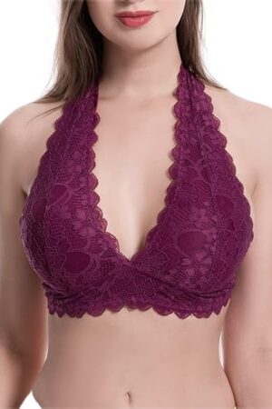 Floral Lace Halter Bras for Women Wirefree Unpadded Halter Bralette Breathable Sexy Deep V Lace Bralette
