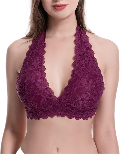 Floral Lace Halter Bras for Women Wirefree Unpadded Halter Bralette Breathable Sexy Deep V Lace Bralette