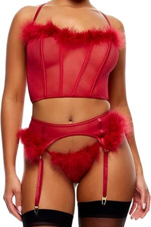 Women's Bare It All Mesh Marabou Bra and Garter Belt Lingerie Set