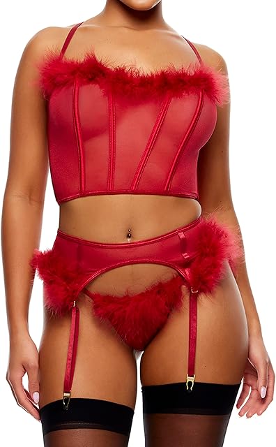 Women's Bare It All Mesh Marabou Bra and Garter Belt Lingerie Set