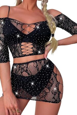 Women's Fishnet Lingerie Mesh Hole Chemise Lingerie Long Sleeved Babydoll Bodysuit Dress Free Size for Women