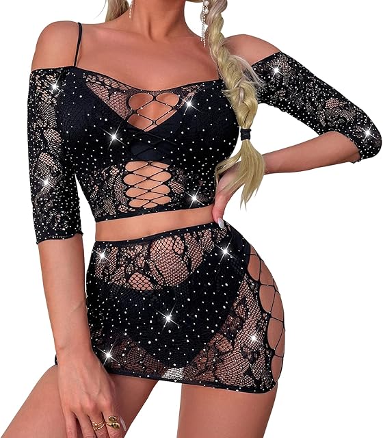Women's Fishnet Lingerie Mesh Hole Chemise Lingerie Long Sleeved Babydoll Bodysuit Dress Free Size for Women