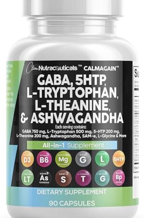 Clean Nutraceuticals GABA 750mg 5 HTP 200mg L Tryptophan 500mg L Theanine 200mg Ashwagandha SAM-e L-Glycine - Mood Support Vitamins for Women and Men with L-Tyrosine 5-HTP (5-Hydroxytryptophan)