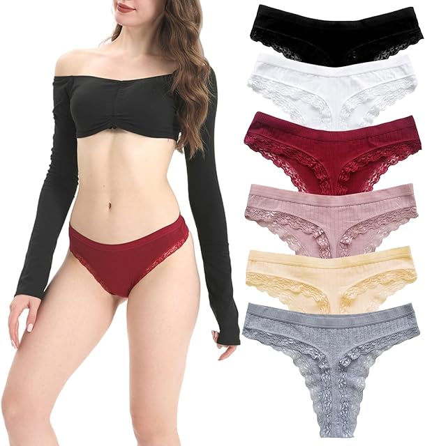 Cotton Underwear for Women, Sexy Lace Hipster Panties Low Rise Breathable Brazilian Womens Cheeky 6 Pack S-XL