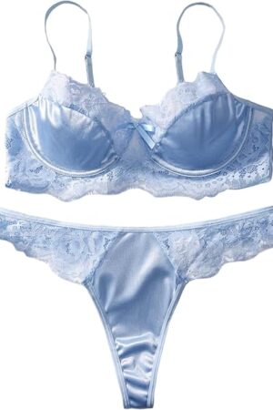 Women's Floral Lace Bow Knot Underwire Thong Satin Lingerie Set