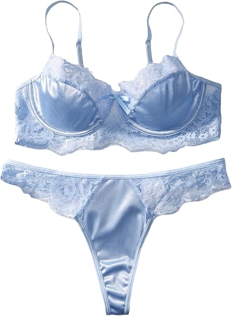 Women's Floral Lace Bow Knot Underwire Thong Satin Lingerie Set