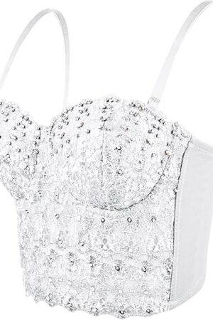 Women's Lace Rhinestone Bustier Sexy Mesh Party Corset Top Bra Sequin Sparkly Night Out Trendy Y2k Camisole Crop Top