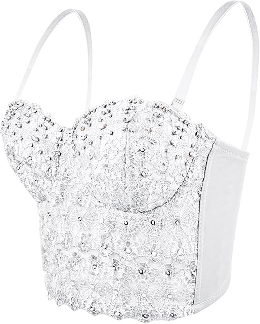 Women's Lace Rhinestone Bustier Sexy Mesh Party Corset Top Bra Sequin Sparkly Night Out Trendy Y2k Camisole Crop Top
