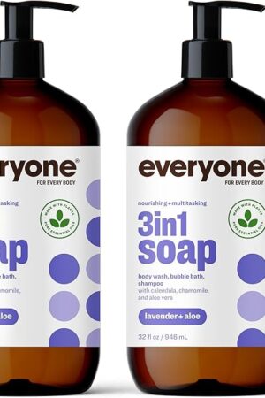 Everyone 3-in-1 Soap, Body Wash, Bubble Bath, Shampoo, 32 Ounce (Pack of 2), Lavender and Aloe, made with Essential Oils for Men and Women
