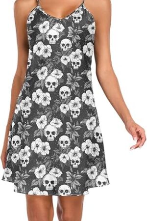 Women's Satin Nightgown Sexy Spaghetti Strap Nightdress Skull Hibiscus Flower Loungewear Sleepwear