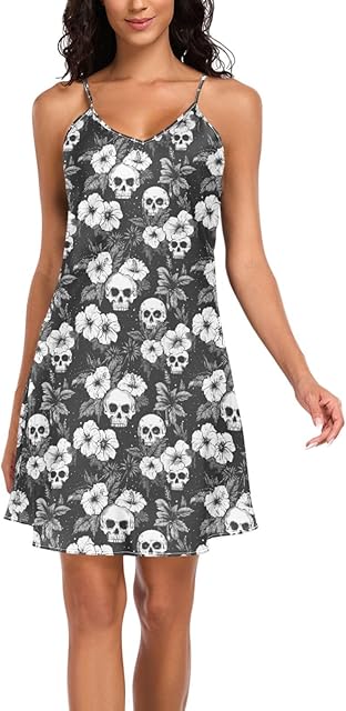 Women's Satin Nightgown Sexy Spaghetti Strap Nightdress Skull Hibiscus Flower Loungewear Sleepwear