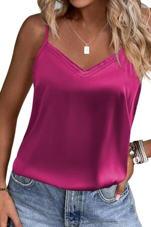 Women's Lace Silk Satin Pajama Tank Tops V Neck Camisole Soft Spaghetti Strap Tops Loose Sleepwear S-3XL