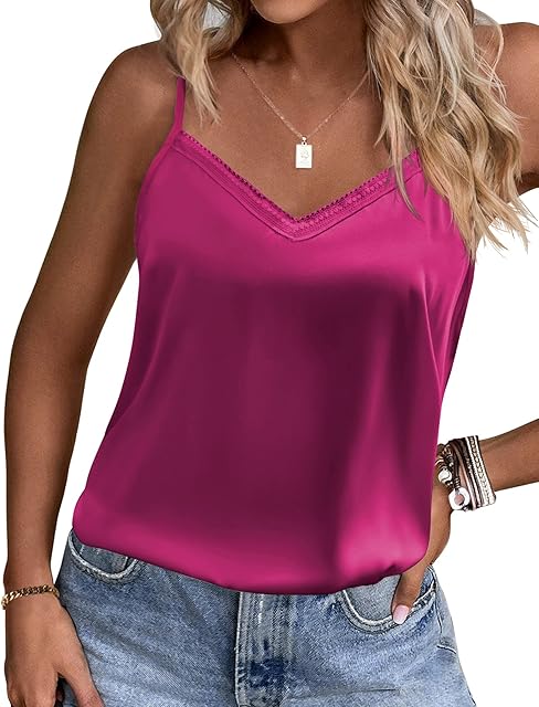 Women's Lace Silk Satin Pajama Tank Tops V Neck Camisole Soft Spaghetti Strap Tops Loose Sleepwear S-3XL