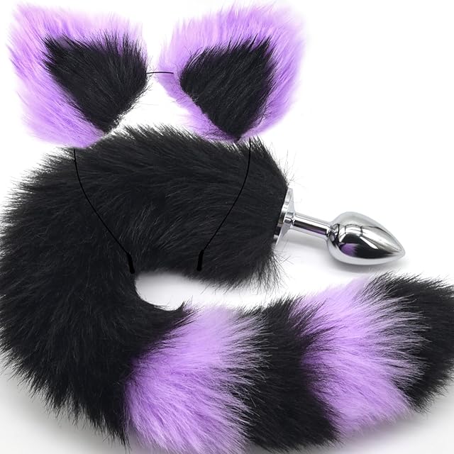 Anal Plug Fox Tail with Ear for Cosplay Game Black & Purple 1574-Inch-Long Sexual Anus Tail Butt Plug Sex Toy for Women Men